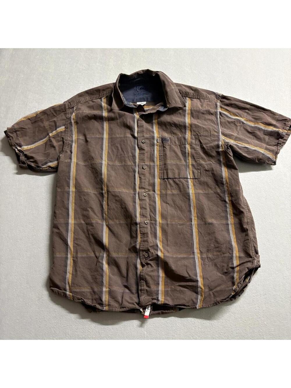 Ecko Unltd Mens XL Brown Striped Short Sleeve Button Up Woven Cotton Shirt Y2K